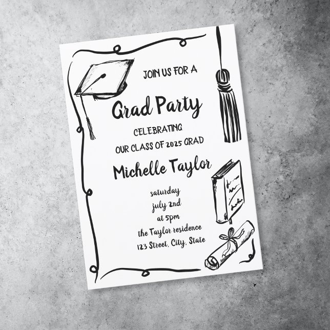 Quirky Whimsical Unique Hand plockade Grad Party Inbjudningar (black and white doodle grad party invitation with wavy frame, grad hat, diploma and book)