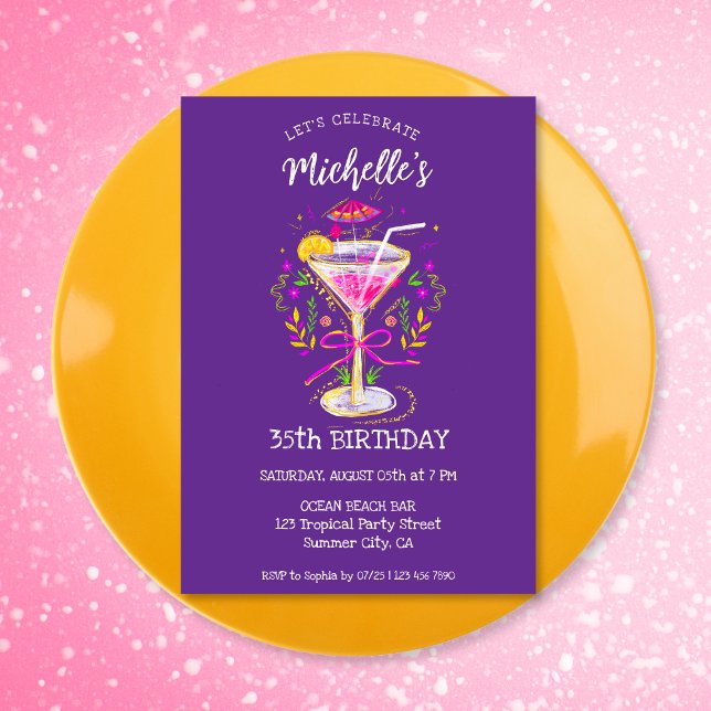 Quirky Whimsical Vuxen Cocktail-Födelsedagsfest Inbjudningar (whimsical colorful glitter cocktail birthday party invitation)