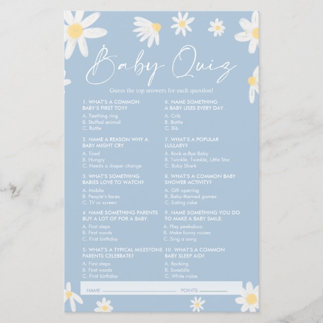 Quiz Baby Shower-spel, Daisy Baby Shower-spel (Framsida)
