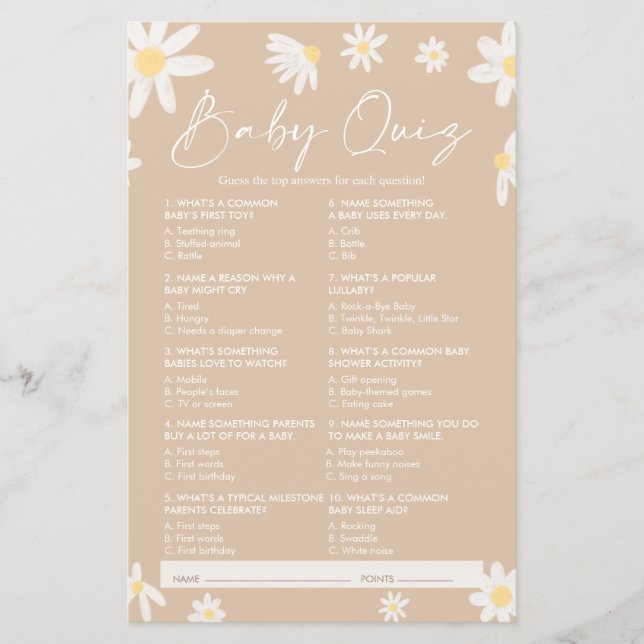 Quiz Baby Shower-spel, Daisy Baby Shower-spel (Framsida)