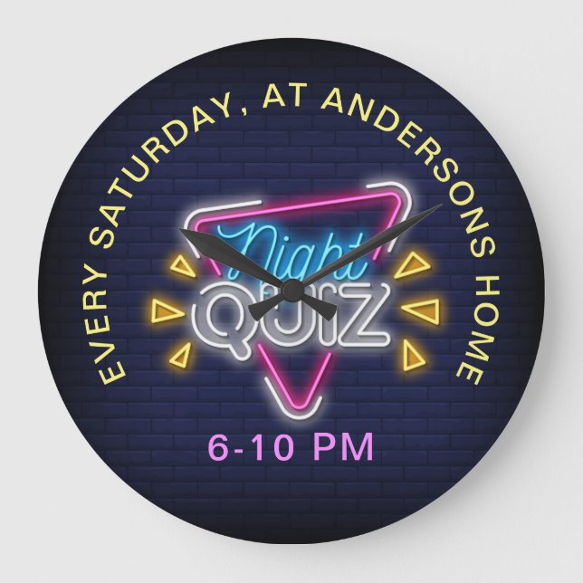 Quiz Nght Neon Stil Signs Anpassningsbar Text Stor Klocka (Framsida)