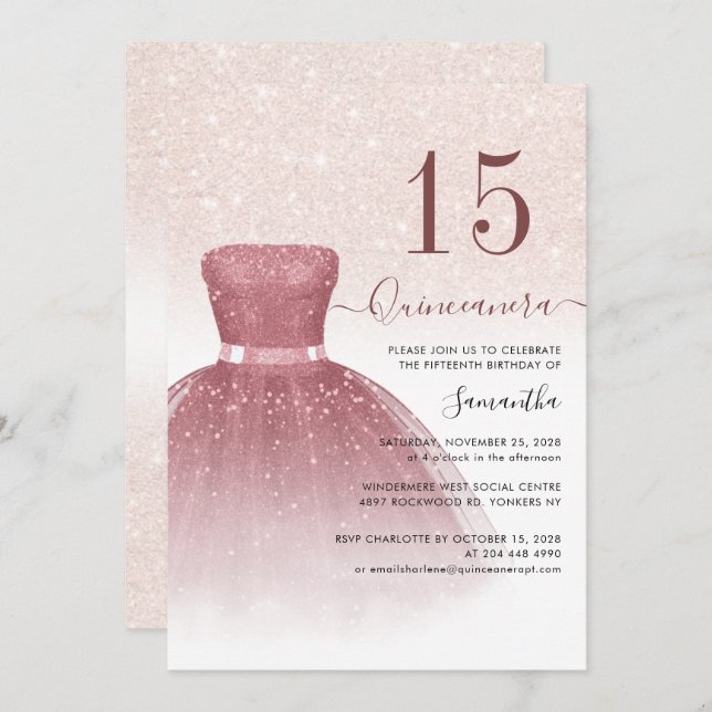 Quniceanera 15:e Födelsedagsfesten Rosa Glitter Inbjudningar (Fram/baksida)