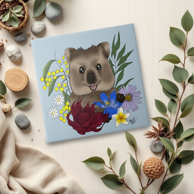 Quokka Glad Australien Blommig Blå Kakelplatta (Skapare uppladdad)