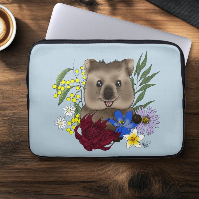 Quokka Glad Australien Blommig Blå Laptop Fodral (Skapare uppladdad)