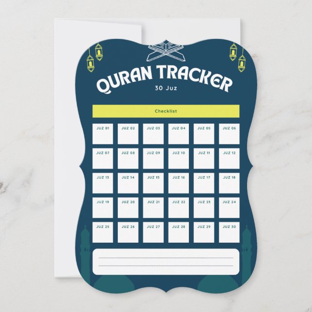Quran Tracker Alla 30 JUZ Anteckningskort (Framsida)