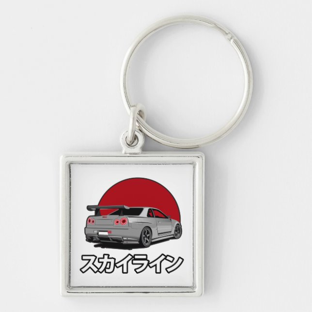 R34 Skyline-nyckelkedja Fyrkantig Silverfärgad Nyckelring (Framsidan)