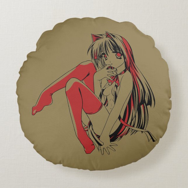 R & B Manga, Neko Catgirl Furry Loli Anime Rund Kudde (Framsidan)