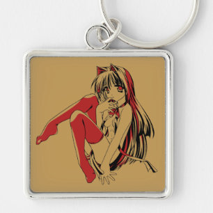R & B Manga, Neko Catgirl Hårig Loli Anime Fyrkantig Silverfärgad Nyckelring