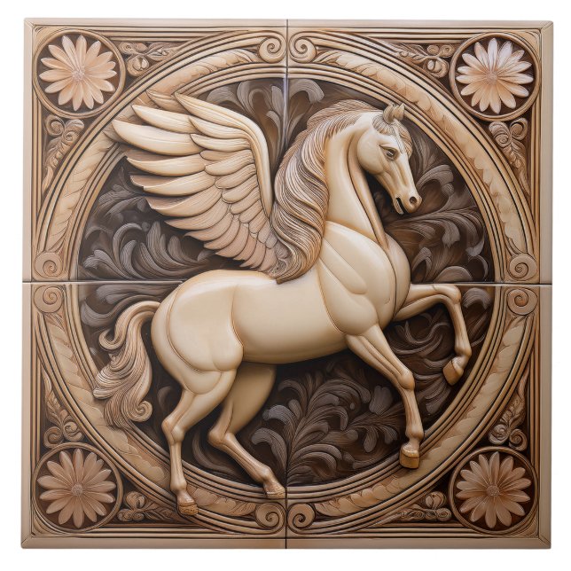 R Beige faux relief Art Nouveau Winged Horse Kakelplatta (Framsidan)