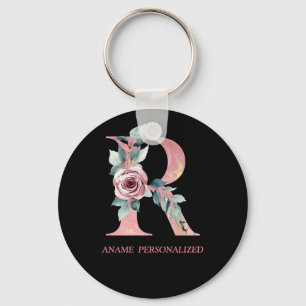 R Blommigt Monogram Namn Brev Rosa Agate Keychain Nyckelring