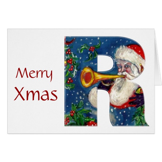 R BOKSTAV / TOMTE BUGGLARE MONOGRAM HÄLSNINGSKORT (Framsidan Horizontal)