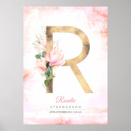 R Bokstavsmonogram Guldblad Rosa Magnolia Blommig Poster