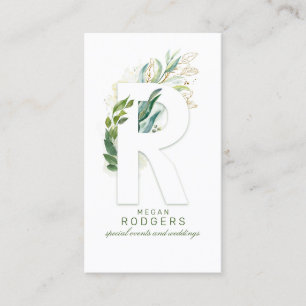R Brev Monogram Guld Greenery Löv Elegant Visitkort