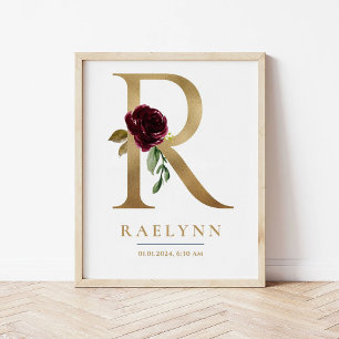R Brev Monogram Namn Marsala Blommigt Nursery Poster