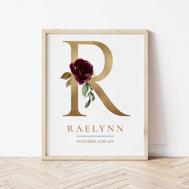 R Brev Monogram Namn Marsala Blommigt Nursery Poster (Skapare uppladdad)