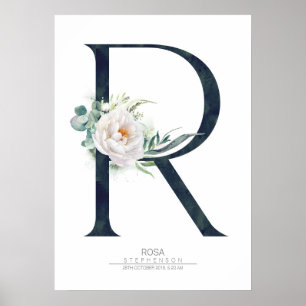 R Brev Monogram White Flowers and Greenery Poster