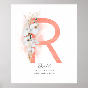 R Brev Monogram White Orchids och Pampas Grass Poster