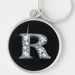 "R" Diamond Bling Keychain Rund Silverfärgad Nyckelring