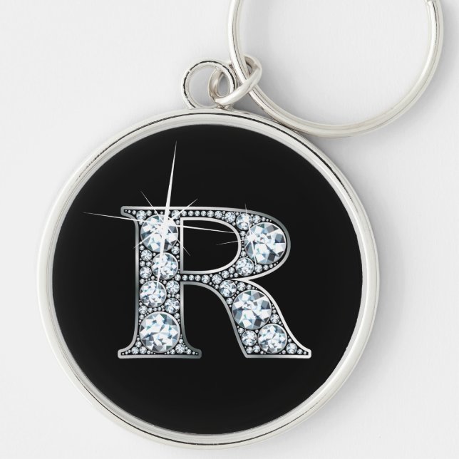 "R" Diamond Bling Keychain Rund Silverfärgad Nyckelring (Framsidan)