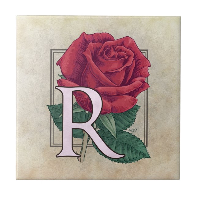 R för Ro Flower Blommigt Monogram Kakelplatta (Framsidan)
