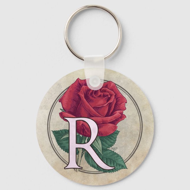 R för Ro Flower Monogram Nyckelring (Framsida)