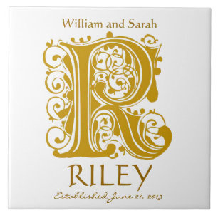 R Guld Monogram on White - Namn Bröllop Date Tile Kakelplatta