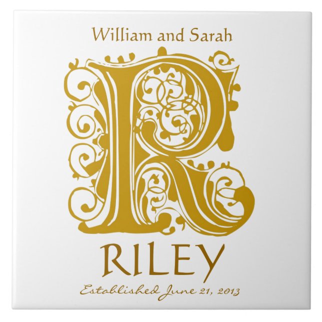 R Guld Monogram on White - Namn Bröllop Date Tile Kakelplatta (Framsidan)