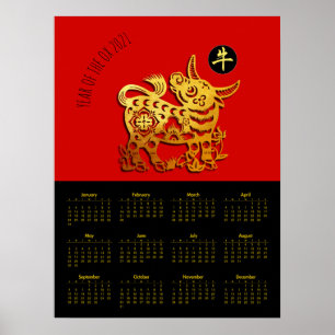 R Guld Ox Papercut Kinesisk nyårskalender 2021 Poster