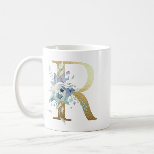 R, gyllene nyans med blå blommigt bladverk kaffemugg (Vänster)