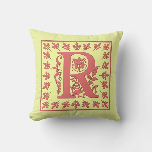 R INITIALKUDD - Rosa R på GUL Bakgrund Kudde (Framsida)