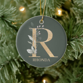 R Monogram Blommigt Personlig Julgransprydnad Keramik