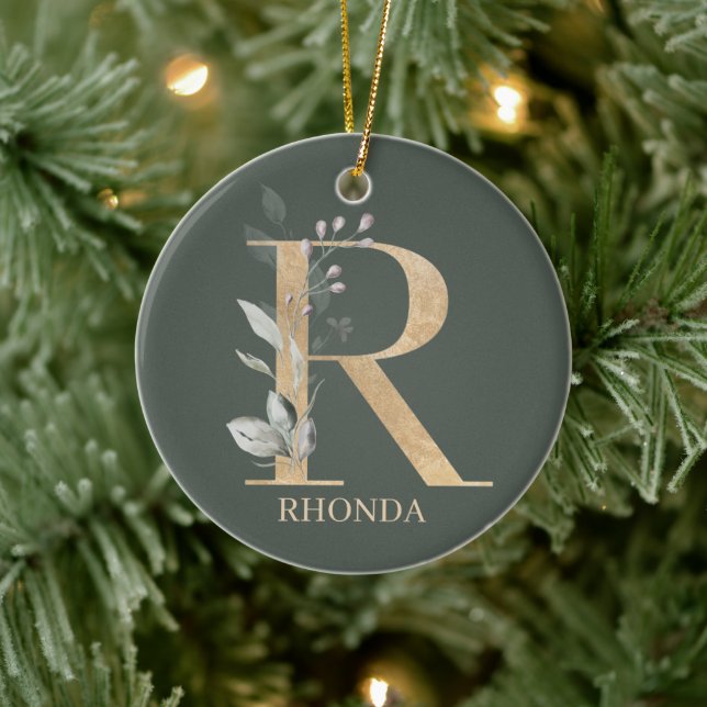 R Monogram Blommigt Personlig Julgransprydnad Keramik (Träd)