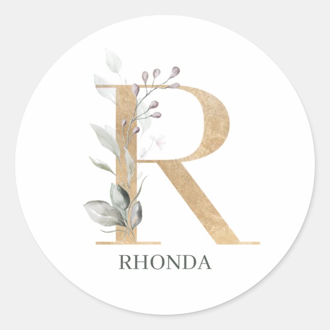 R Monogram Blommigt Personlig Runt Klistermärke (Framsida)