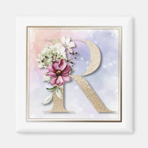 R Monogram Burgunder Blommig Magnet