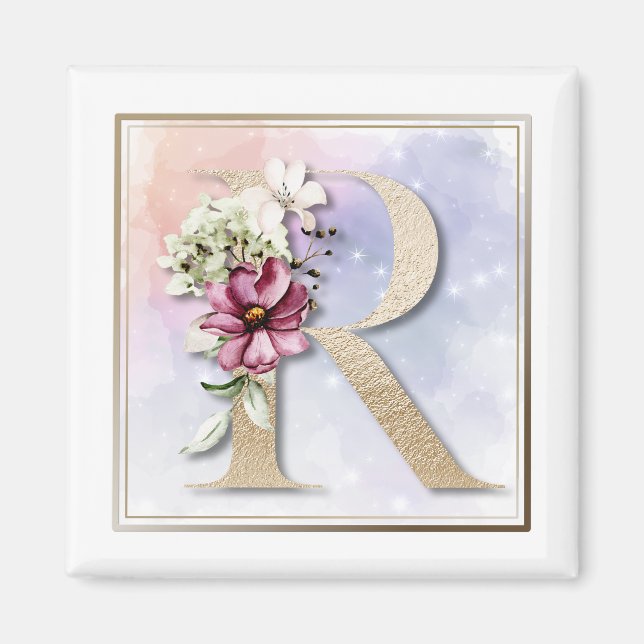 R Monogram Burgunder Blommig Magnet (Framsidan)