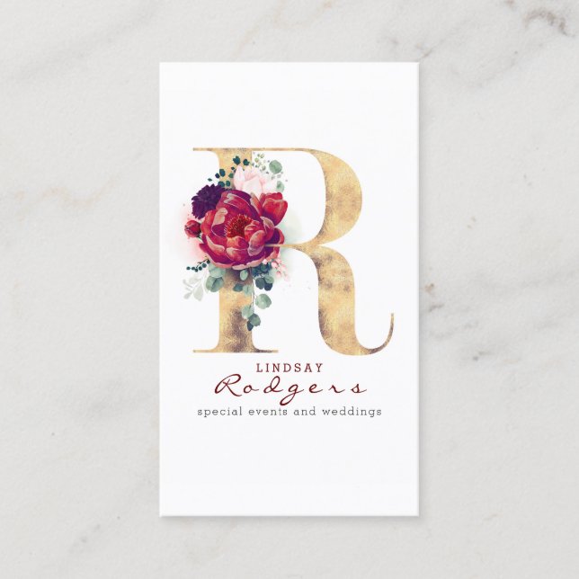 R Monogram Burgundy Red Flowers och Guld Glitter Visitkort (Framsida)