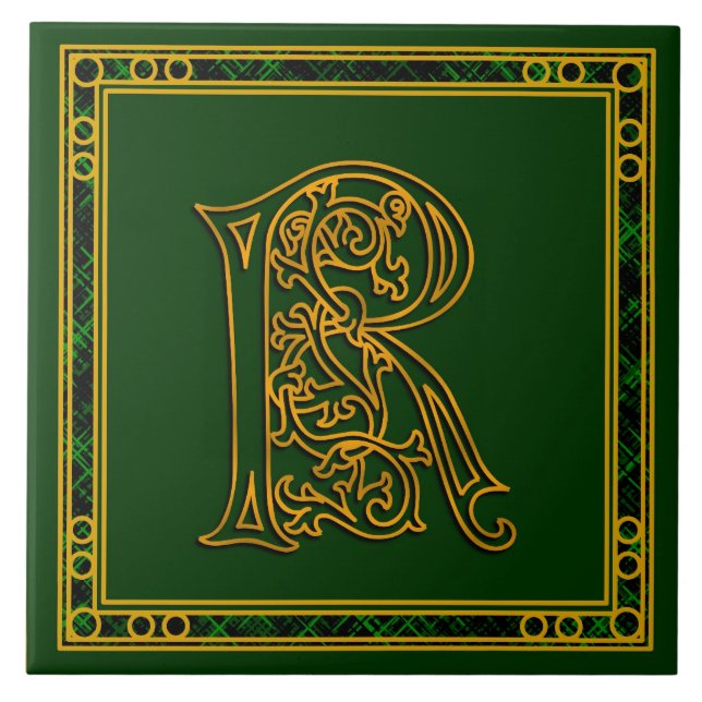 R Monogram "Irish Guld on Grönt" Ceramic Tile Kakelplatta (Framsidan)