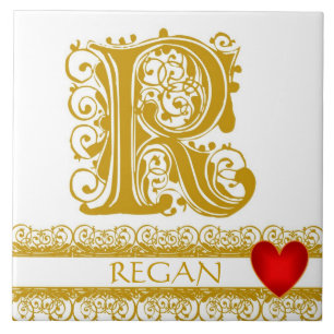 R Monogram Namn Guld Snöre Red Heart Template Tile Kakelplatta