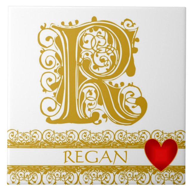 R Monogram Namn Guld Snöre Red Heart Template Tile Kakelplatta (Framsidan)