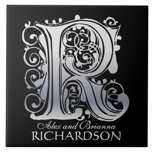 R Monogram "Silver Snöre on Black" med Namn Tile Kakelplatta (Framsidan)