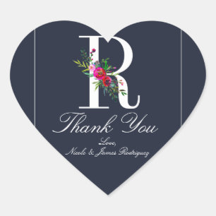 R Monogram Sista Initial Modern Blå Blommig Bröllo Hjärtformat Klistermärke