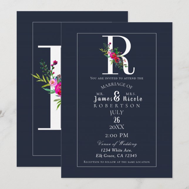 R Monogram Sista Initial Modern Blå Blommig Bröllo Inbjudningar (Fram/baksida)