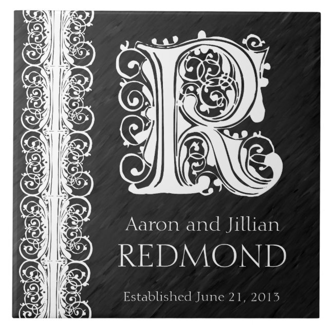 R Monogram "White Snöre on Black" Bröllop Tile Kakelplatta (Framsidan)