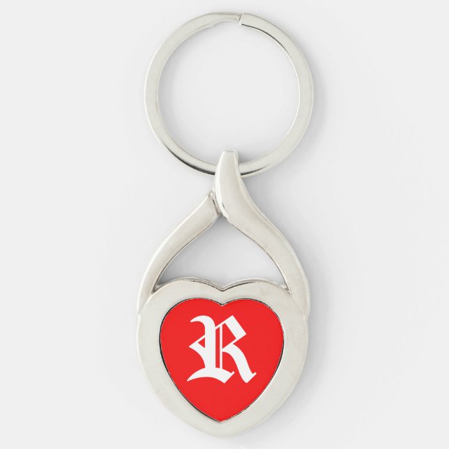 "R" Red Heart Keychain Twisted Heart Silverfärgad Nyckelring (Framsidan)