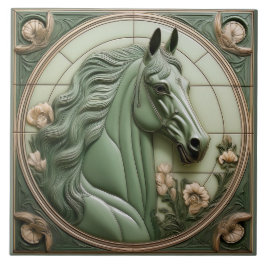 R Sage green faux relief Art Nouveau Horse Head Kakelplatta