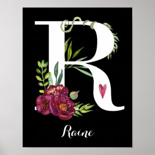 R VattenfärgsBlommigt Monogram Anpassningsbar Nurs Poster