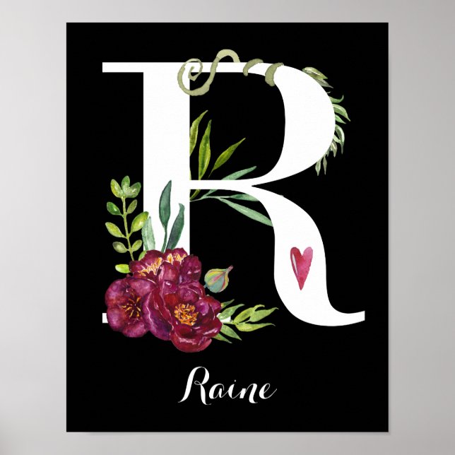 R VattenfärgsBlommigt Monogram Anpassningsbar Nurs Poster (Framsidan)