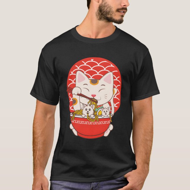 Ra Kawaii Anime Cat Eating Noodles T Shirt (Framsida)