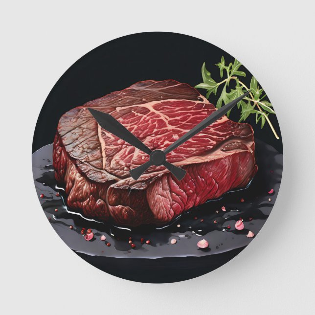 Rå Ribeye Biff Närbild Rund Klocka (Framsida)