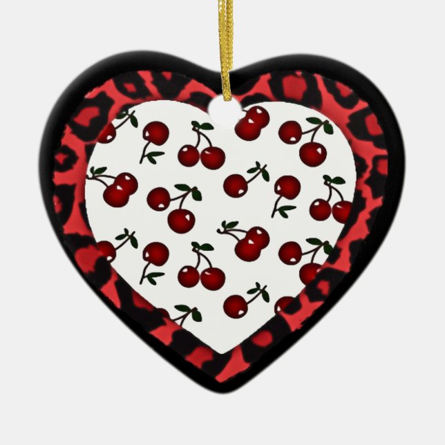 RAB-körsbär Leopard Print Heart Rockabilly Julgransprydnad Keramik (Framsidan)